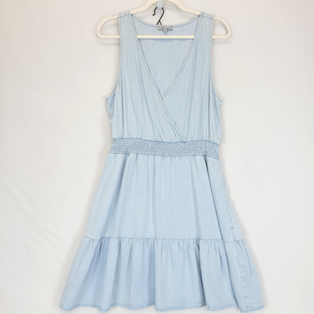Wishlist Chambray‎ Tencel Dress Women L Blue Smocked Tiered Ruffle Cottagecore